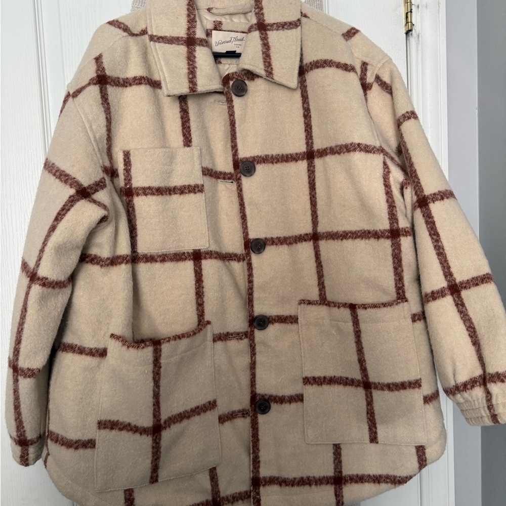 Universal Thread Checkered Utility Jacket in Cream and Brown